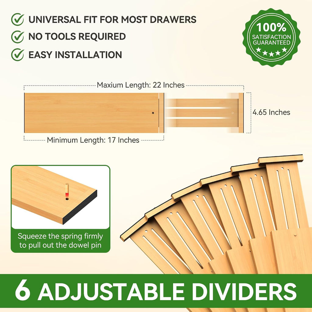 FJO 6 Pack Bamboo Drawer Dividers 4.65" High Adjustable from 17'' to 22'' | Strong Spring Loaded, Expandable Utensil Organizer, Works in Kitchen, Dresser, Closet, Bathroom, Bedroom,Office (Beige)