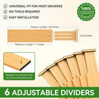 FJO 6 Pack Bamboo Drawer Dividers 4.65" High Adjustable from 17'' to 22'' | Strong Spring Loaded, Expandable Utensil Organizer, Works in Kitchen, Dresser, Closet, Bathroom, Bedroom,Office (Beige)
