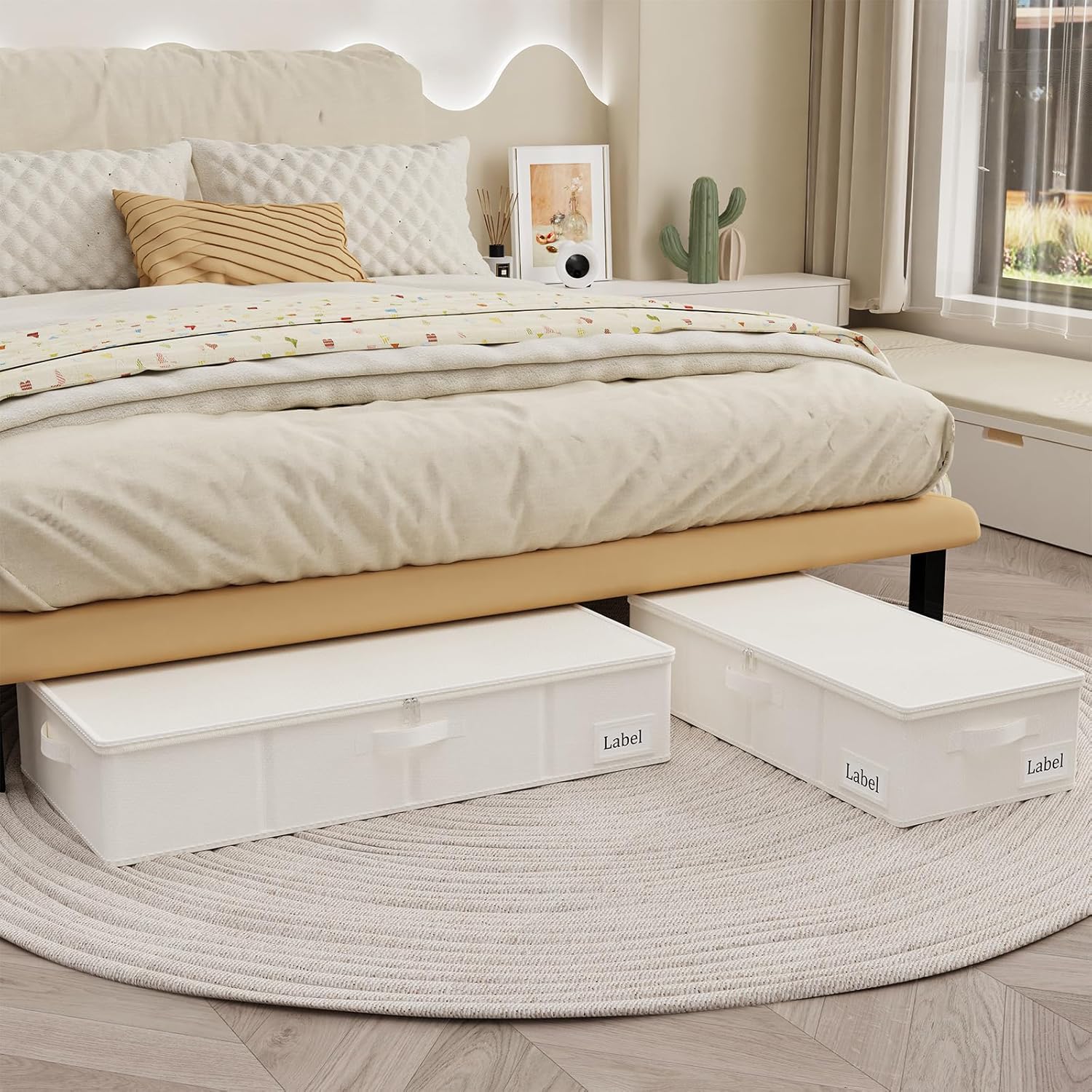 Yawinhe Underbed Bags, Storage Containers Bags with Lid, Foldable Blanket Bins, with Sturdy Zipper und Label Holders, for Clothing, 23.6''Lx11.8''Wx6''H, 2 Pack, Beige