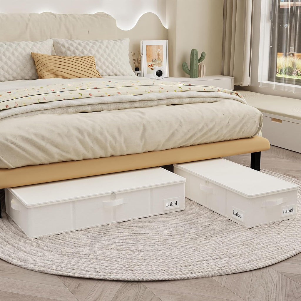 Yawinhe Foldable Underbed Storage Bags, Containers Bin with Lids, Large Under Bed Organizer Box, with Sturdy Zipper und Label Holders, for Clothing, 31.5''Lx15.7''Wx6''H, 2 Pack, Beige