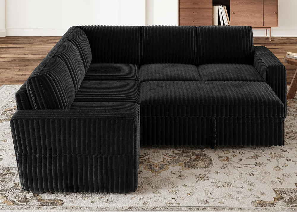 HONBAY Modular Sectional Sleeper Sofa with Pull Out Bed,Corduroy L Shaped Cou...
