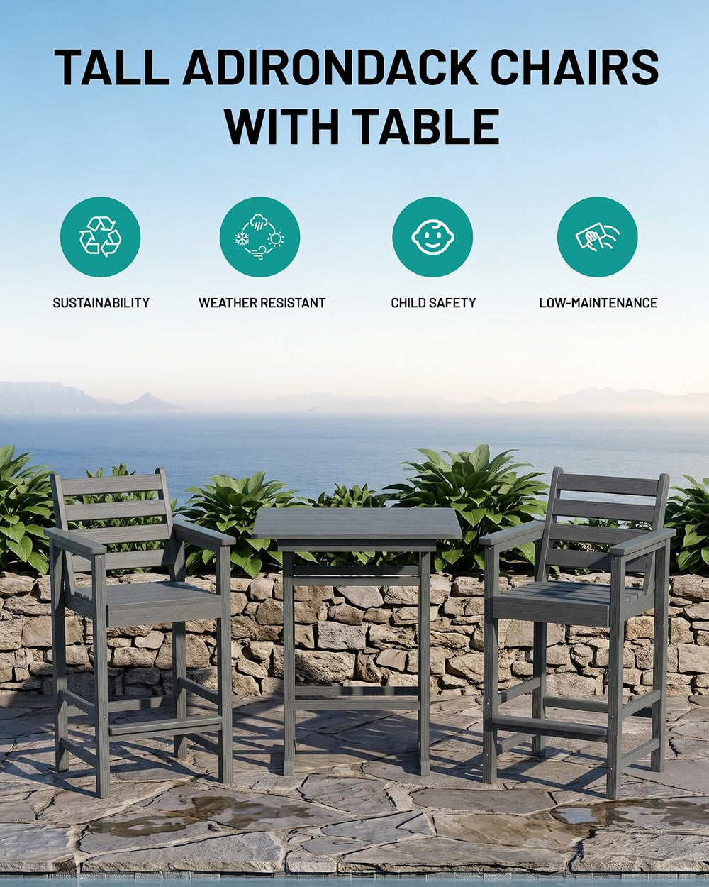PLUUV Tall Bar Height Adirondack Chairs Set of 2 with Table, Grey