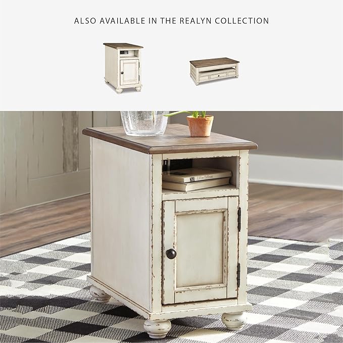 Signature Design by Ashley Realyn French Country Chair Side End Table with Outlets & USB Ports, Cream