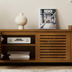 Ball & Cast 63" Mid-Century Modern Extendable TV Stand TVs up to 75", Expandable Media Console with Slatted Doors & Concealed Storage, Wood Grain Entertainment Center for Living Room,Brown Ebony