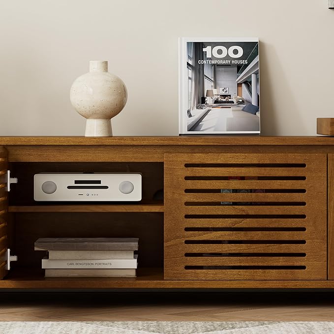 Ball & Cast 63" Mid-Century Modern Extendable TV Stand TVs up to 75", Expandable Media Console with Slatted Doors & Concealed Storage, Wood Grain Entertainment Center for Living Room,Brown Ebony