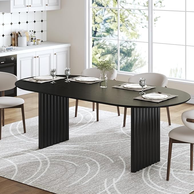 Casaphoria Wood Kitchen Table Set with 4 Chairs, 79" Dining Kitchen Table & Chairs Set for 6-8, Modern Farmhouse Oval Dining Table for Living Room, Easy Assembly, Black