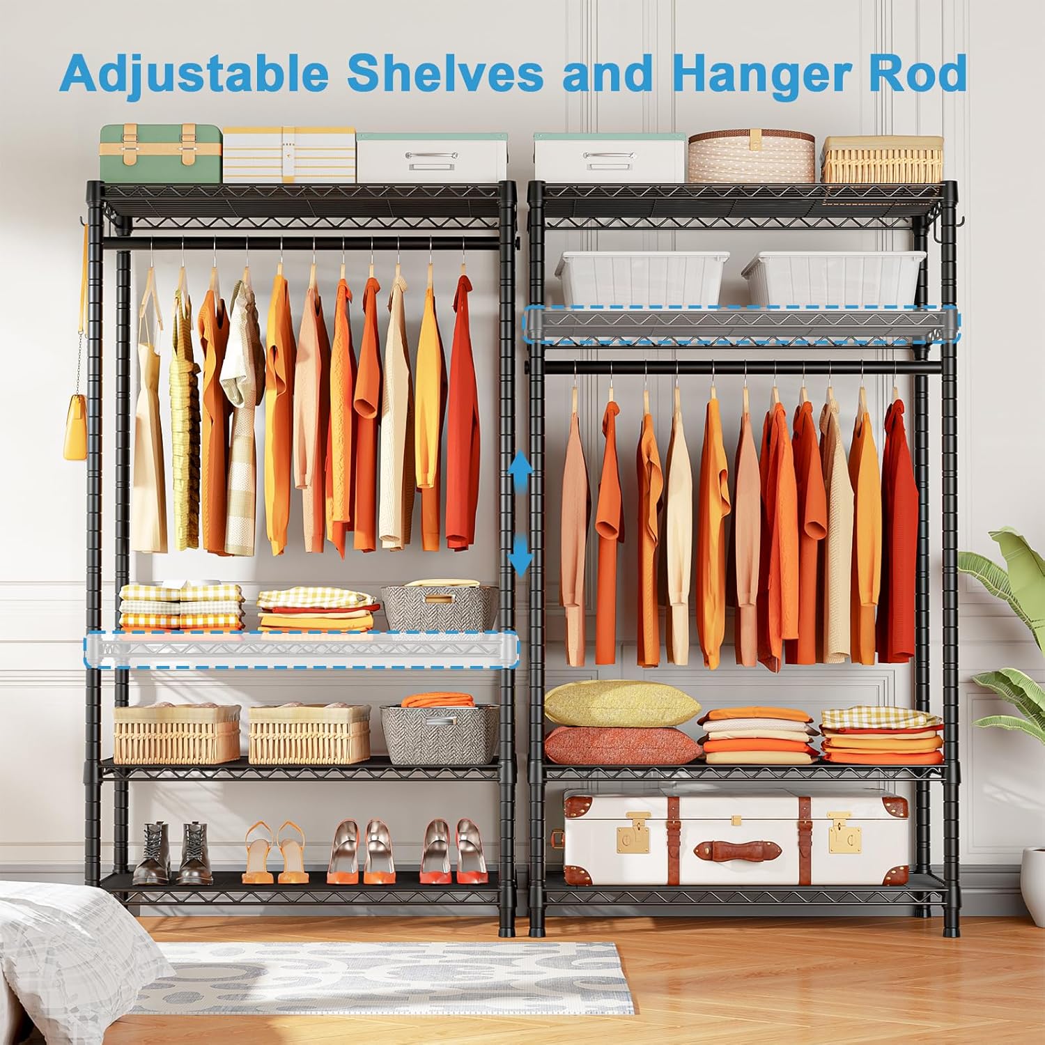 Ulif H4 Portable Closets, 4-Tier Metal Clothes Garment Rack for Bedroom and Cloakroom, Clothing Closet Storage and Organizer Wardrobe, 35.4" W x 14" D x 76.4" H, Black