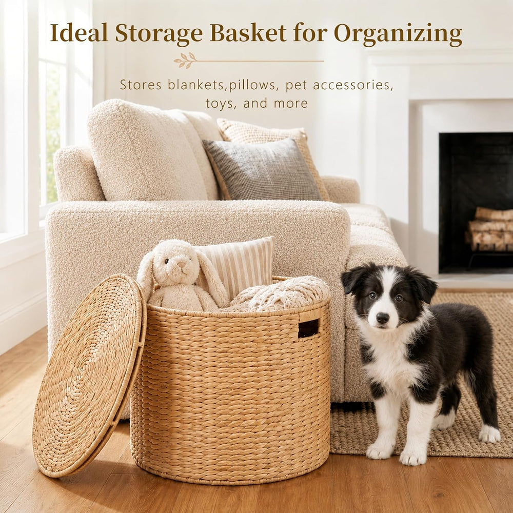 Round Water Hyacinth Storage Ottoman with Lid | Handwoven Water Hyacinth Foot...