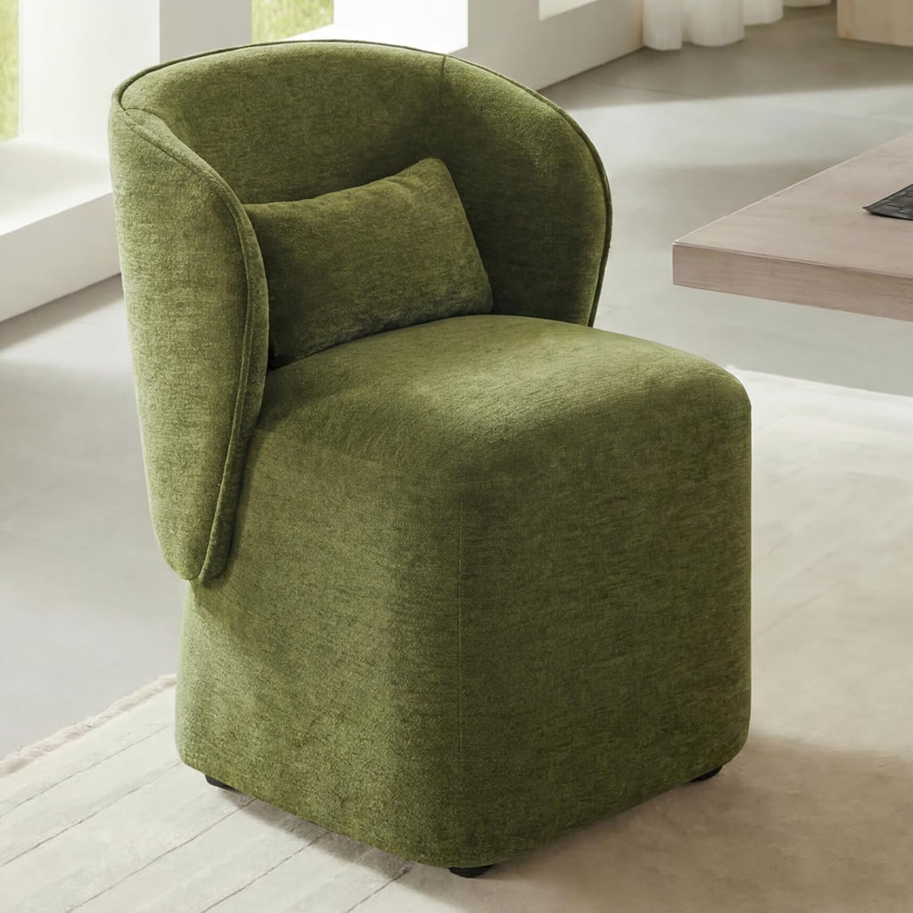 KISLOT Upholstered Dining Chairs with Wheels, Easy Assembly Stain Resistant Fabric Modern Barrel Armchair with Lumbar Cushion, Dining Room Chairs for Kitchen Living Room Bedroom, Green, Set of 2