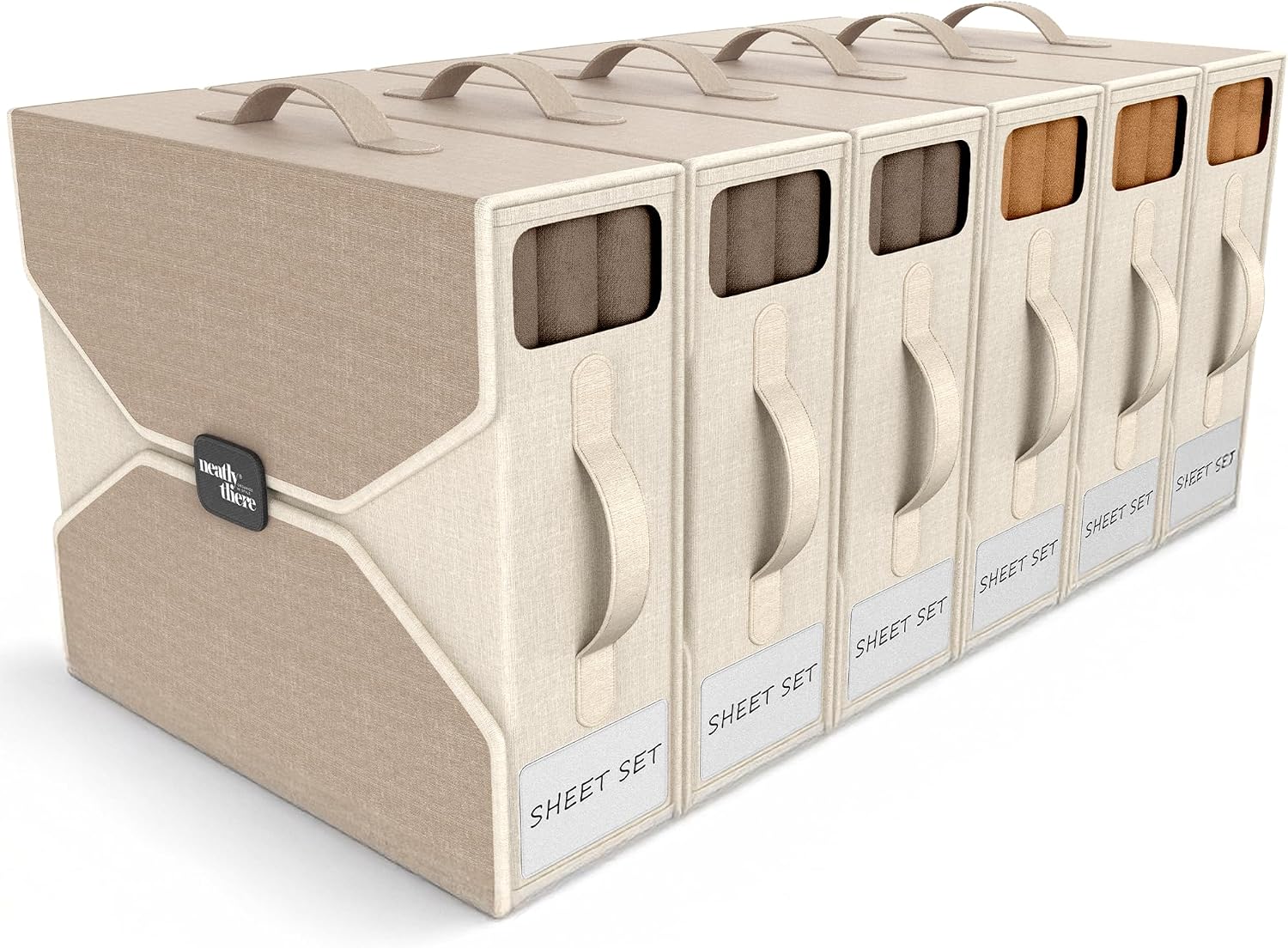 6 Pack Bed Sheet Organizers - Foldable Bedsheet Organizers and Storage, Sheet Organizers for Linen Closet, Sturdy Sheet Holder with Window, Labels & Handles for King/Queen Bed, Towels & Blankets