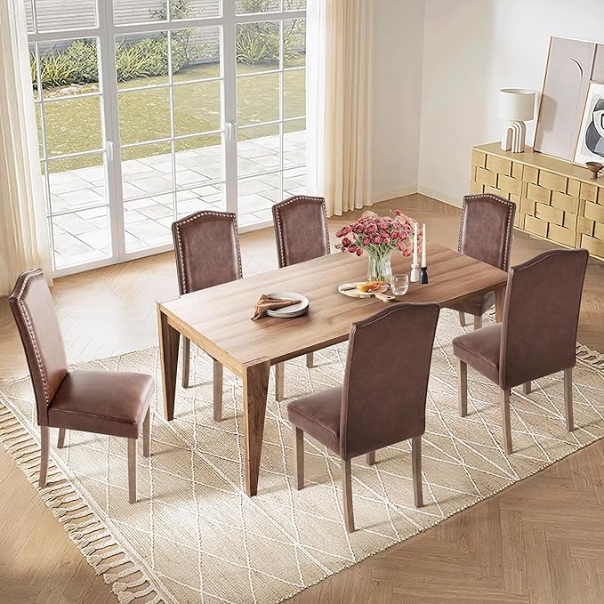 Upholstered Dining Chair Modern Stylish Parsons Kitchen Diner High Back with Silver Nailhead Trim & Wood Legs, Set of 6, PU Leather Light Brown
