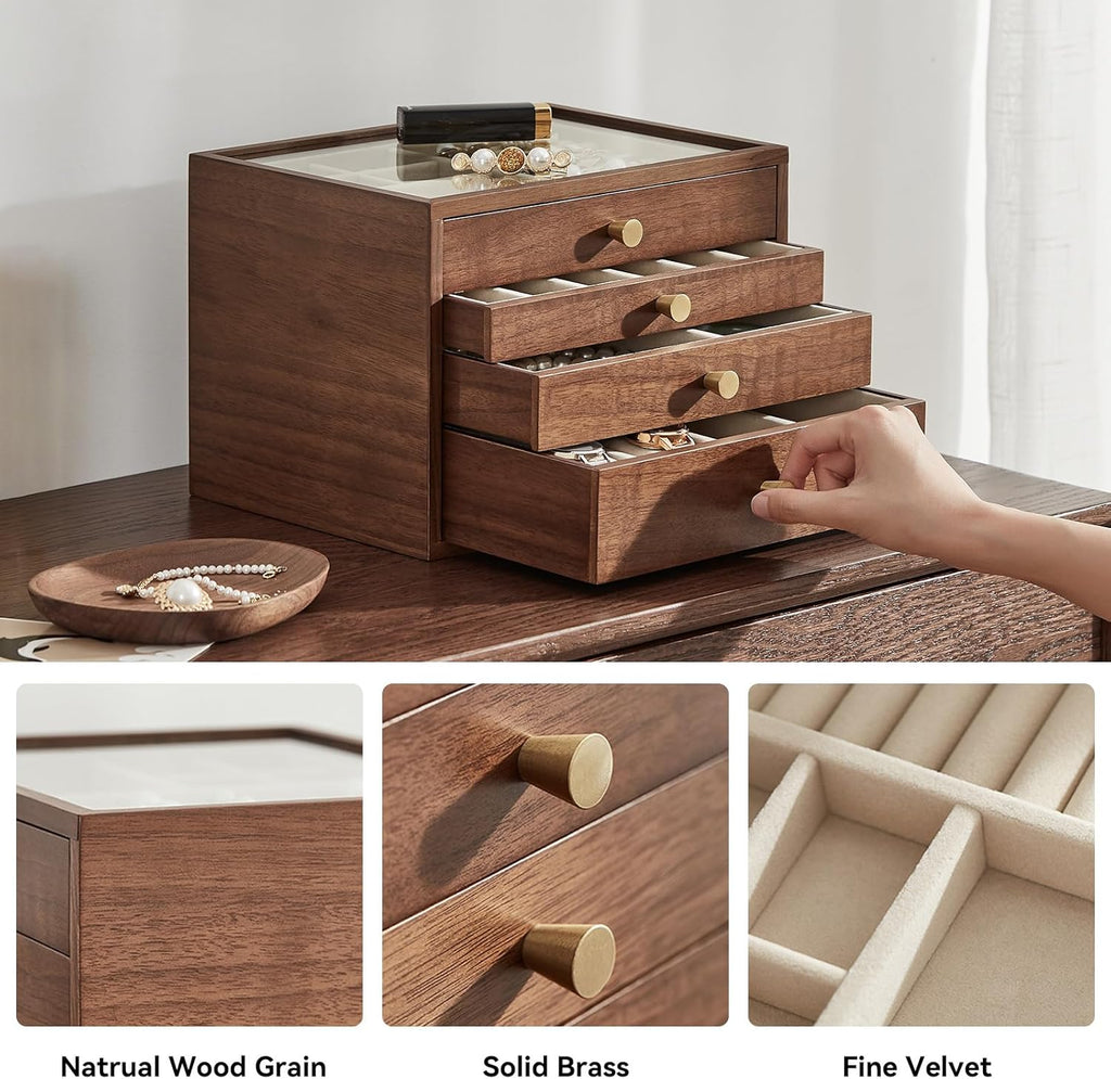 CHOSIN Black Walnut Jewelry Box for Women, 4-Layer Wooden Organizer with Glass Lid, for Watches, Necklaces, Rings & Earrings Storage Christmas Gifts