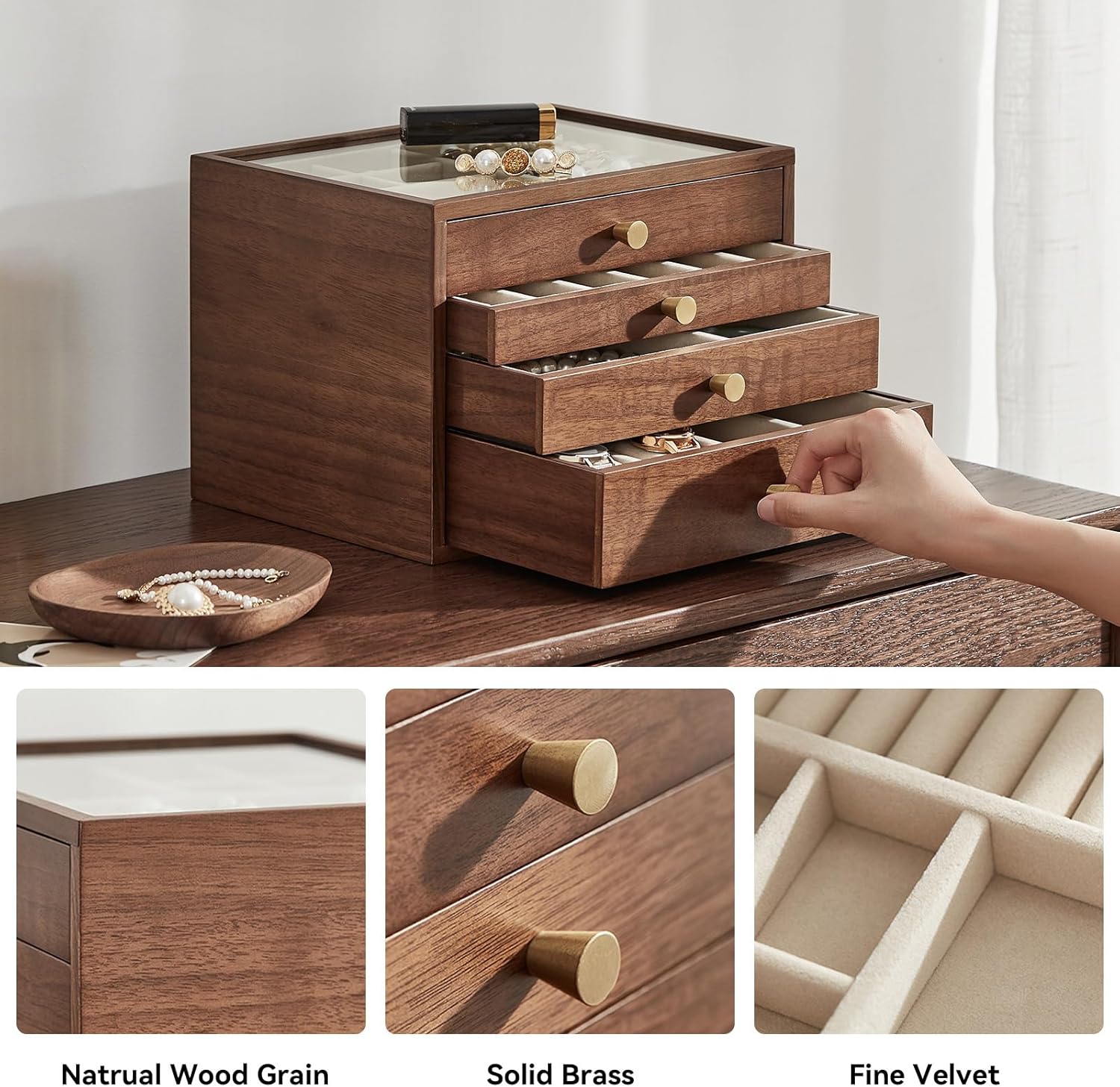 CHOSIN Black Walnut Jewelry Box for Women, 4-Layer Wooden Organizer with Glass Lid, for Watches, Necklaces, Rings & Earrings Storage Christmas Gifts