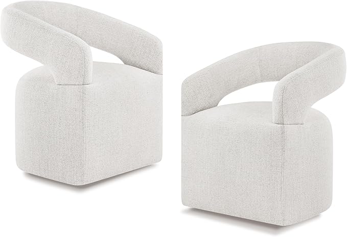 Upholstered Dining Chairs with Casters, Modern Barrel Side Armchair with Rollers for Dining Room, Bedroom, Kitchen, Reading Room, Beige, Set of 2