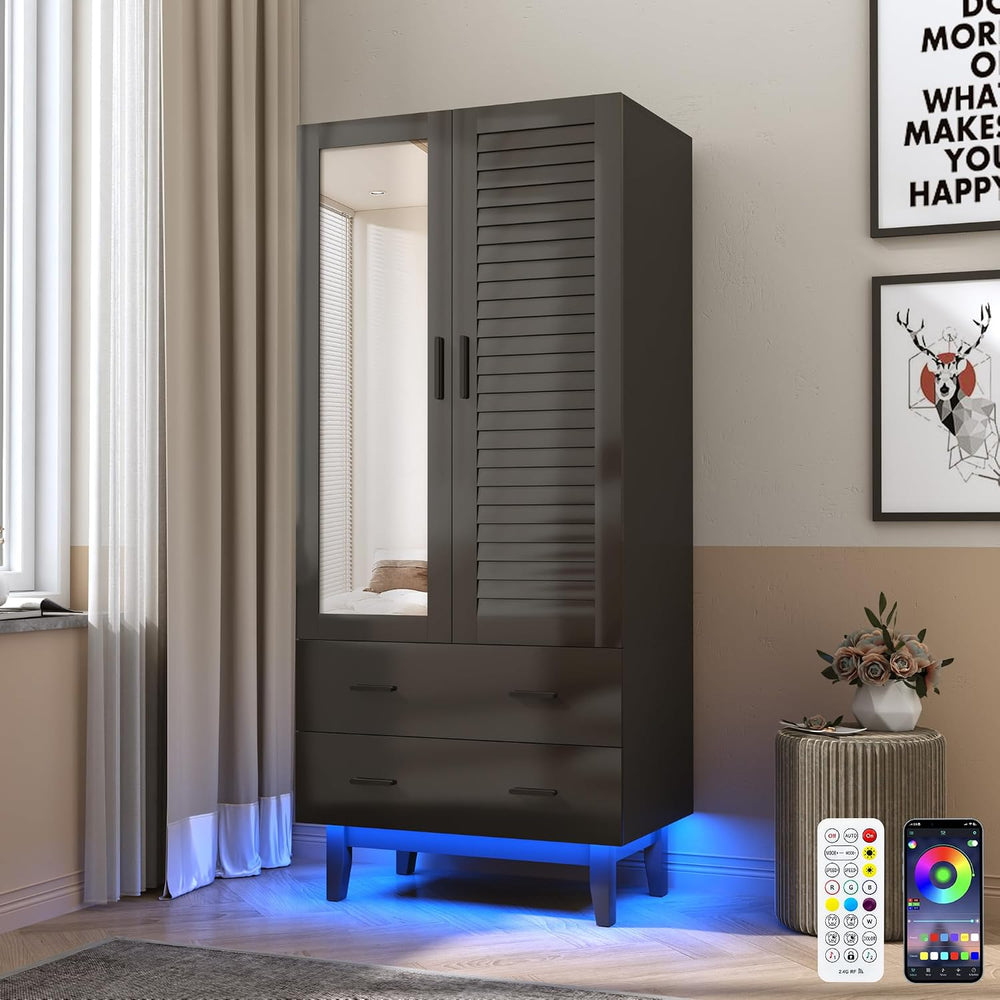 Hlivelood 2 Door Armoire Wardrobe Closet Cabinet with Mirror, Drawers and LED...