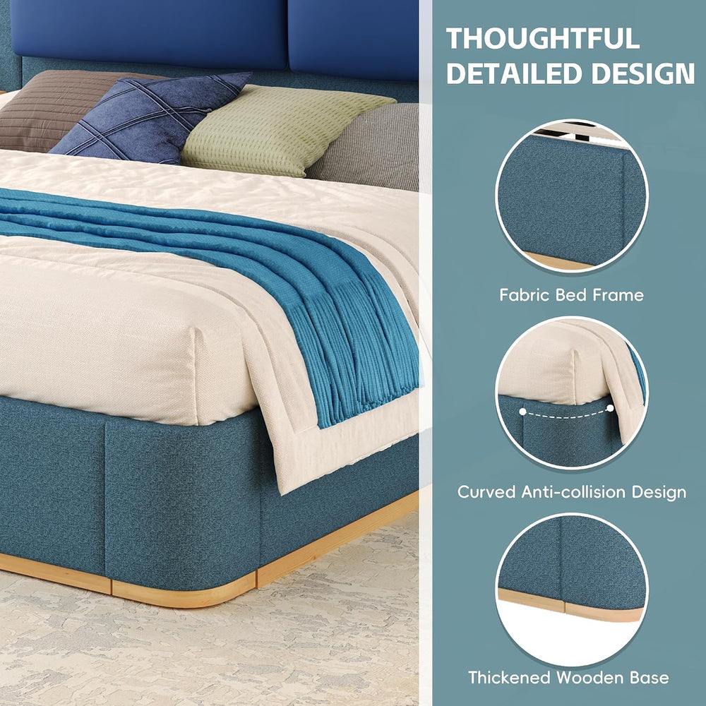 Peanu Queen Bed Frame, Upholstered Panel Headboard, Blue Finish