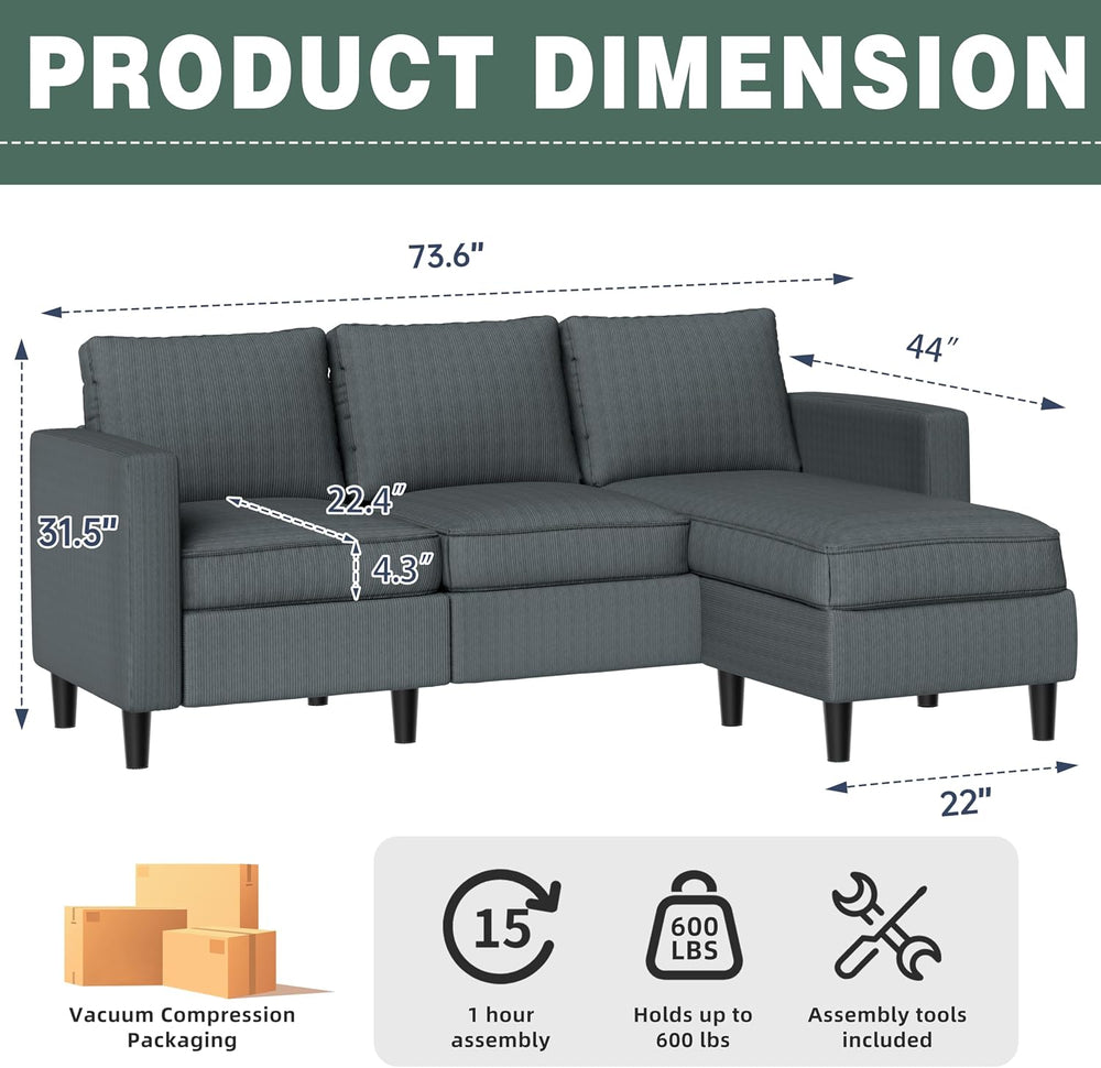 SUNLEI L-Shaped Sectional Couch, Modern Grey Reversible Sectional Sofa with R...