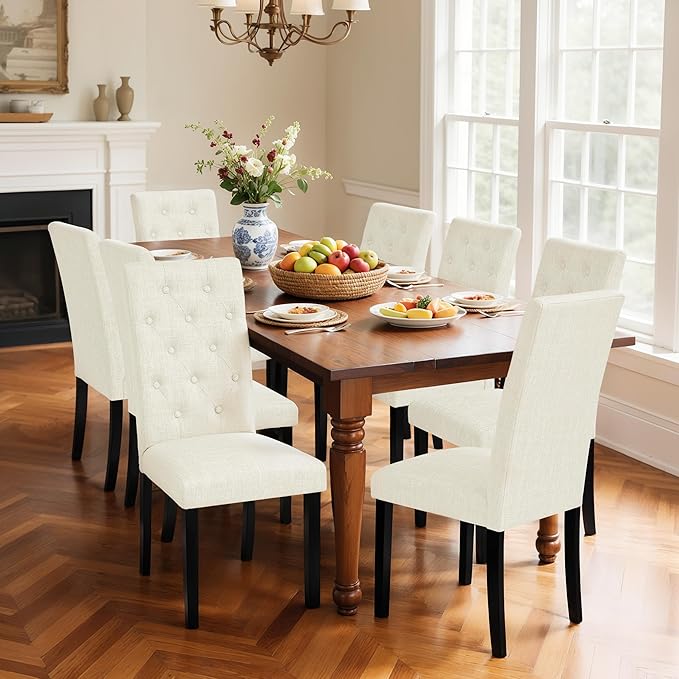 CHUN YI Dining Chairs Set of 8, Button Tufted Upholstered Fabric Dining Room Chairs with Solid Wood Legs, Modern Parsons Chair Side Chair for Kitchen/Restaurant/Hotel, Ivory White
