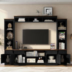 98.8" W Wall Unit Entertainment Center with Bookshelves for TVs up to 80", Modern TV Stand Media Console with Cabinets and Adjustable Shelves for Living Room (Black+Brown2)