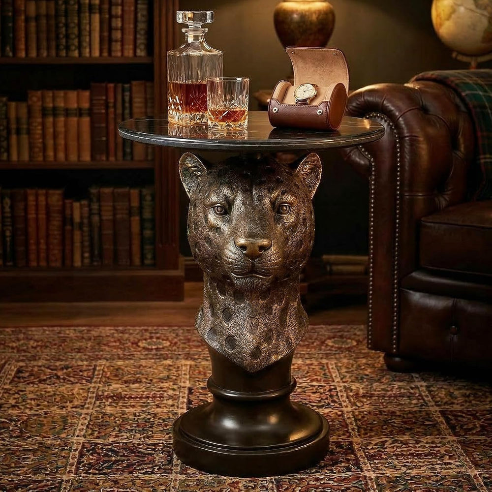 Decorative Leopard Round Side Table - Creative Bronze Animal Head End Table w...