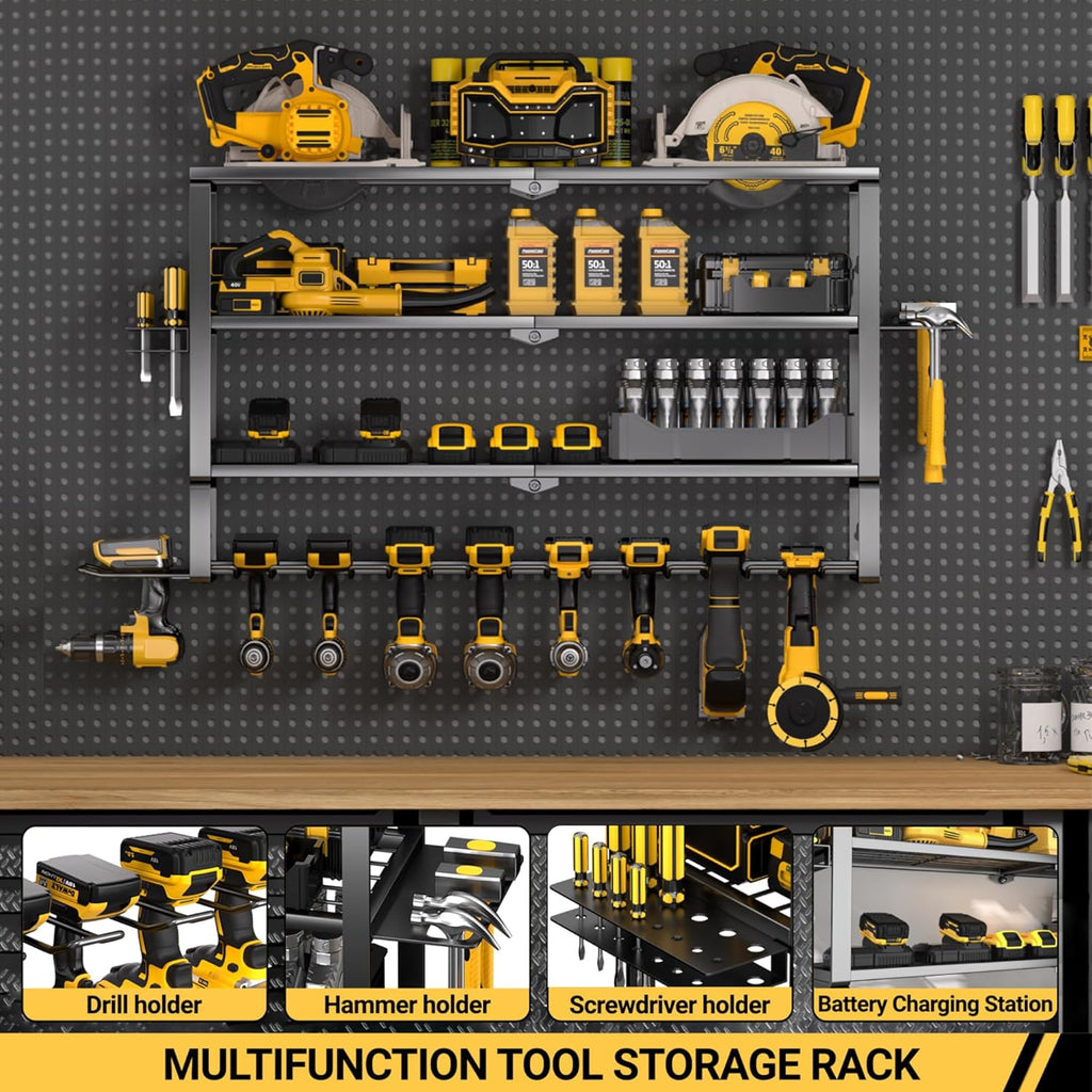 YYR Large Power Tool Organizer Wall Mount, Heavy Duty Metal Cordless Drill Storage Rack with Battery Charging Station Shelf, Utility Racks for Garage Organization, 4 Layer 10 Drills Holder Extra Tall