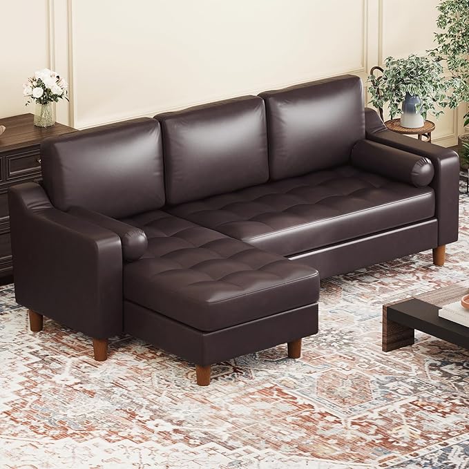 GarveeHome 88.9" L-Shape Sofa with Convertible Chaise, Sectional Leather Sofa with Deep Seat, Modern Mid-Century Sofa for Living Room, Comfy Leather Couch, Brown