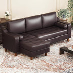 GarveeHome 88.9" L-Shape Sofa with Convertible Chaise, Sectional Leather Sofa with Deep Seat, Modern Mid-Century Sofa for Living Room, Comfy Leather Couch, Brown