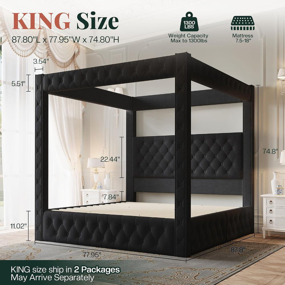 Jocisland King Canopy Bed Frame Velvet Upholstered Headboard, Black