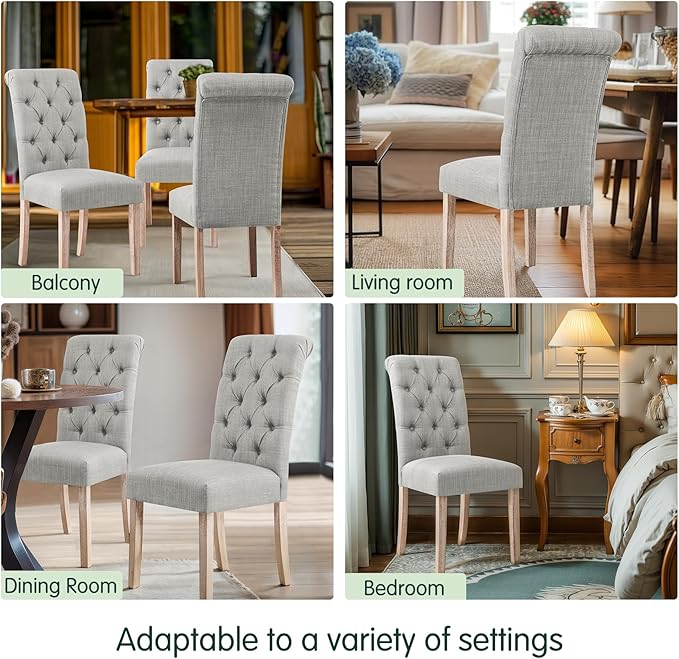 CHUN YI Dining Chairs Set of 8, Button Tufted Upholstered Fabric Dining Room Chairs with Solid Wood Legs and Curved Back, Parsons Side Chairs for Kitchen, Light Grey