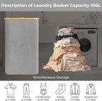 StorageWorks 100L Large Laundry Hamper with Lid, Tall Laundry Basket with Bamboo Handles and Removable Inner Bag, Collapsible Laundry Hamper for Clothing, Towels, Dark Grey, 1-Pack