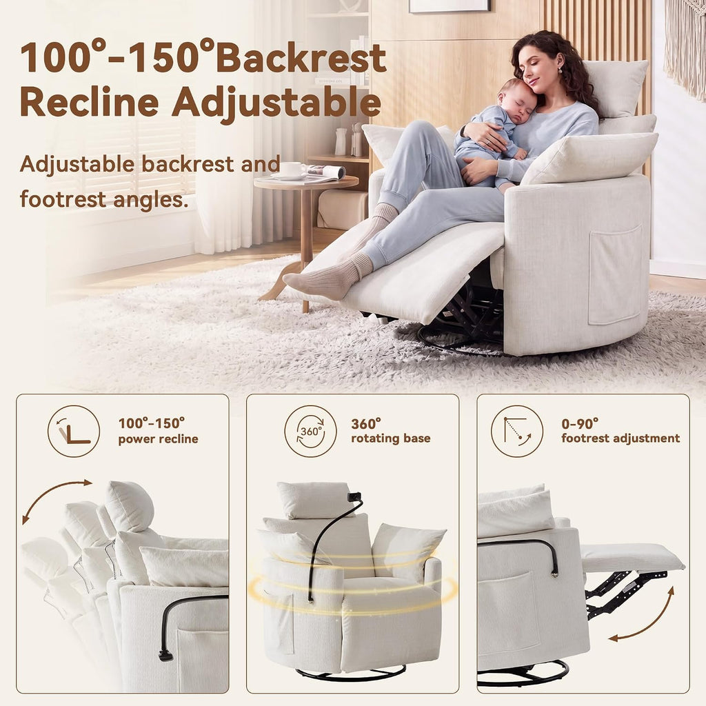 FOXHUNTER 360° Swivel Manual Nursery Rocking Glider Chairs, Chenille White | 30° Rocking Mode, with USB Charging Port and Phone Holder,Adjustable Headrest,2 Cushions, 2 Side Pockets, Footrest