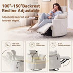 FOXHUNTER 360° Swivel Manual Nursery Rocking Glider Chairs, Chenille White | 30° Rocking Mode, with USB Charging Port and Phone Holder,Adjustable Headrest,2 Cushions, 2 Side Pockets, Footrest