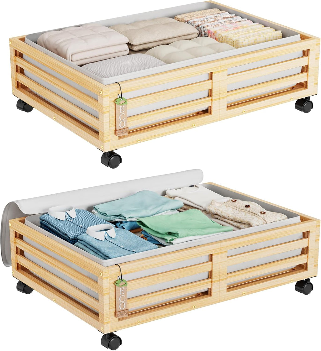Wisuce Bamboo Under Bed Storage Containers- Underbed Organizer with Wheels with Large Dust Bag,Sturdy Wood Rolling Under the Bed Shoe Storage Organizer Drawer 2 Packs (Nature, Small)