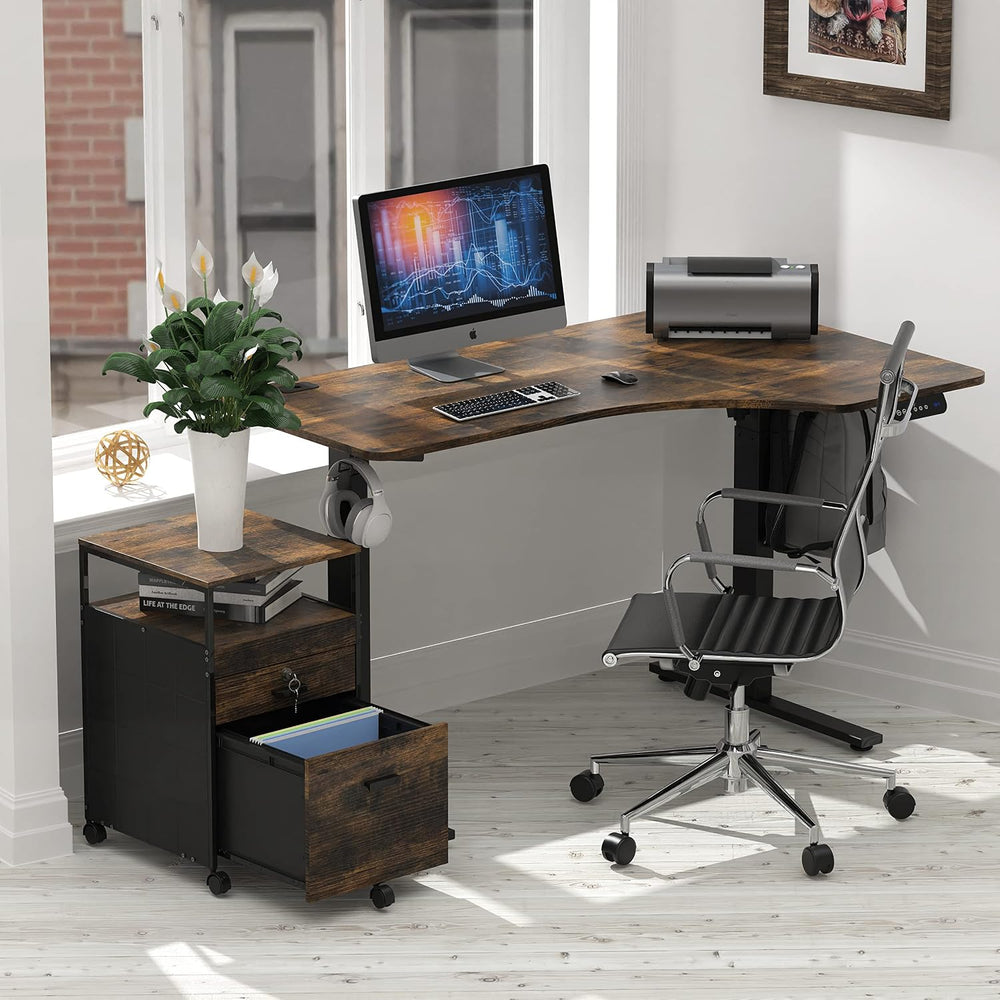 SHW Box File Rolling Mobile Cabinet with Lockable Drawer, Rustic Brown