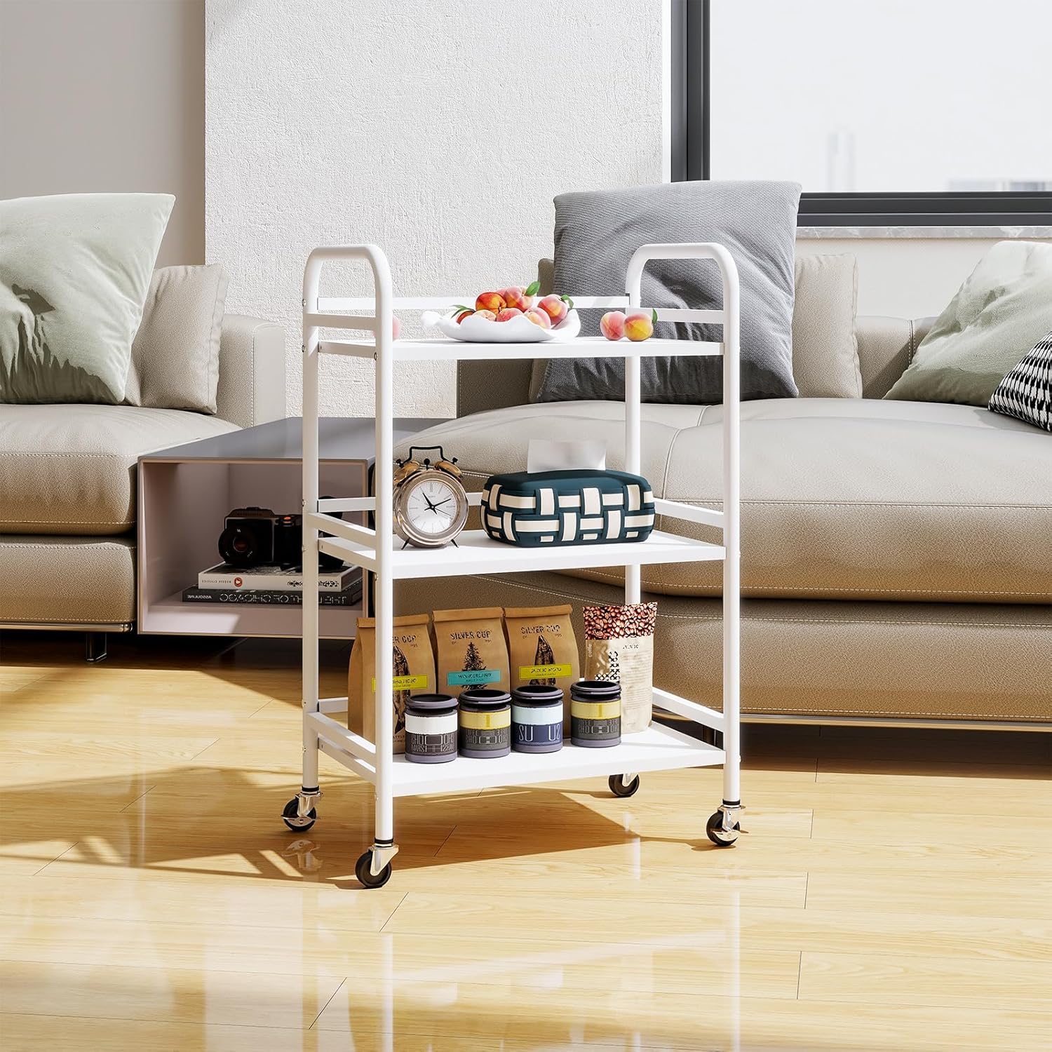 HDANI 3 Tier Rolling Cart Shelves,Heavy Duty Multifunctional Metal Frame-Supports 22 Lbs Per Tier,Rolling Cart with 2 Lockable Wheels for Home, Office,Kitchen,Bathroom,Bedroom,White