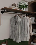 Clothes Rack 48in, Wall Mounted Garment Rack with Real Wood Shelf, Heavy Duty Hanging Clothes Rack, Multi-Purpose Hanging Rod, Space-Saving Closet Storage