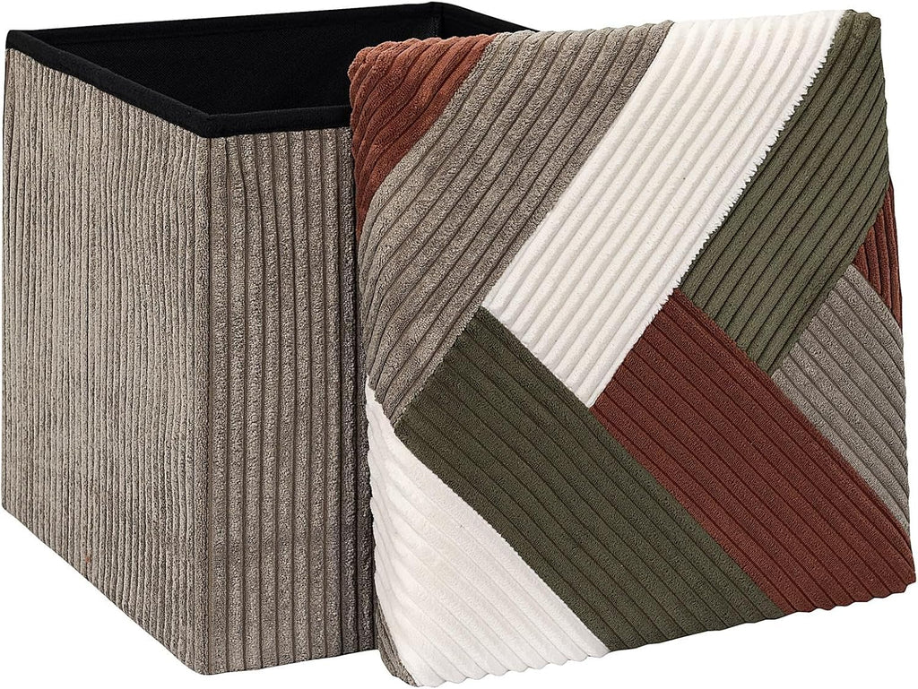 Home Deco Factory, HD0550 Multifunctional Ribbed Foldable Patchwork Pouf Chest Storage and Comfortable Seating Elegant Design Beige Grey Red Green 38 x 38 cm