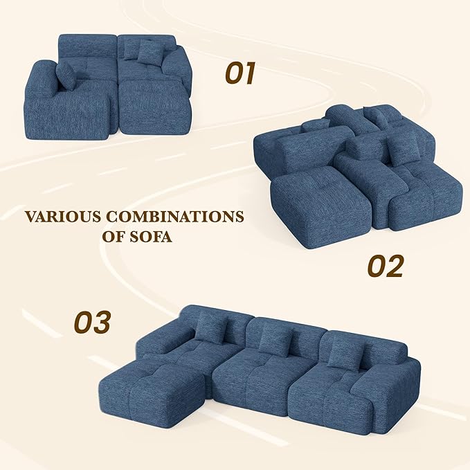 122" L Shaped Convertible Modular Couch, Cloud Couch Sectional with Ottoman, 4-Seater Chenille Boneless Couches for Living Room, Apartment, No Assembly, Blue 1PCS