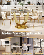 38.9" Round Glass Dining Table Set for 4, Modern Kitchen Table with 4 Upholstered Velvet Chairs, Tempered Glass Top with Golden Steel Base, 5 Pieces Dining Table Set for Small Space - Beige
