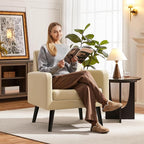 Yaheetech Mid-Century Accent Chairs, PU Leather Modern Upholstered Living Room Chair, Cozy Armchair Button Tufted Back and Wood Legs for Bedroom/Office/Cafe Beige