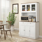 71" Tall Kitchen Pantry Storage Cabinet with Microwave Stand, Freestanding Buffet with Hutch 2 Drawers Adjustable Shelves and Glass Doors for Kitchen, Dining Room, White