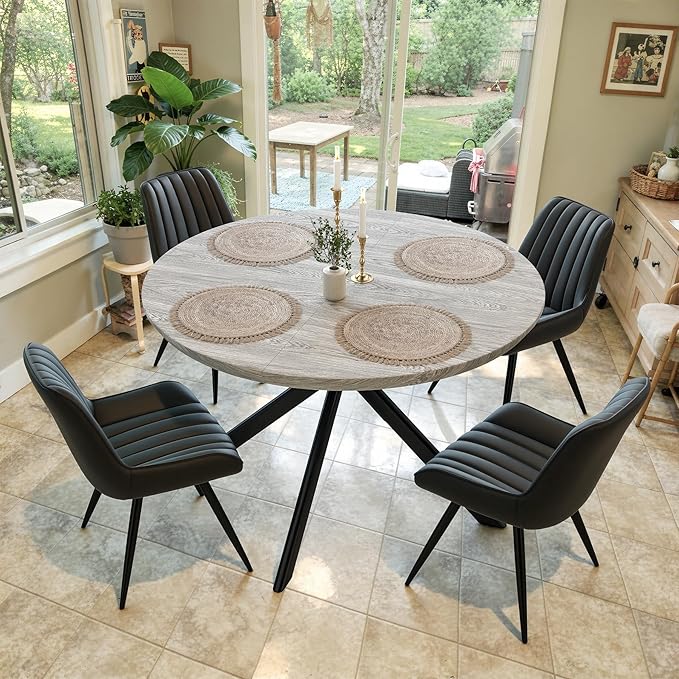 47.2" 5-Piece Round Dining Table Set for 4, Modern Wood Dining Table with 4 Upholstered Chairs, Kitchen & Dining Room Table Set with Metal Base for Apartment, Small Space, Grey Table+4 Balck Chairs