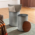 Glitzhome Nesting Tables for Living Room, Round Coffee Tables Set of 2, Metal Farmhouse Small Accent End Table with Storage and Lid for Bedroom Office Plant Stander, Grey