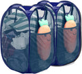 [Reinforced] Strong Mesh Pop-up Laundry Hamper, Quality Collapsible Laundry Basket with Durable Handles Solid Bottom High Carbon Steel Frame, Easy to Open and Fold Flat for Storage(Blue)