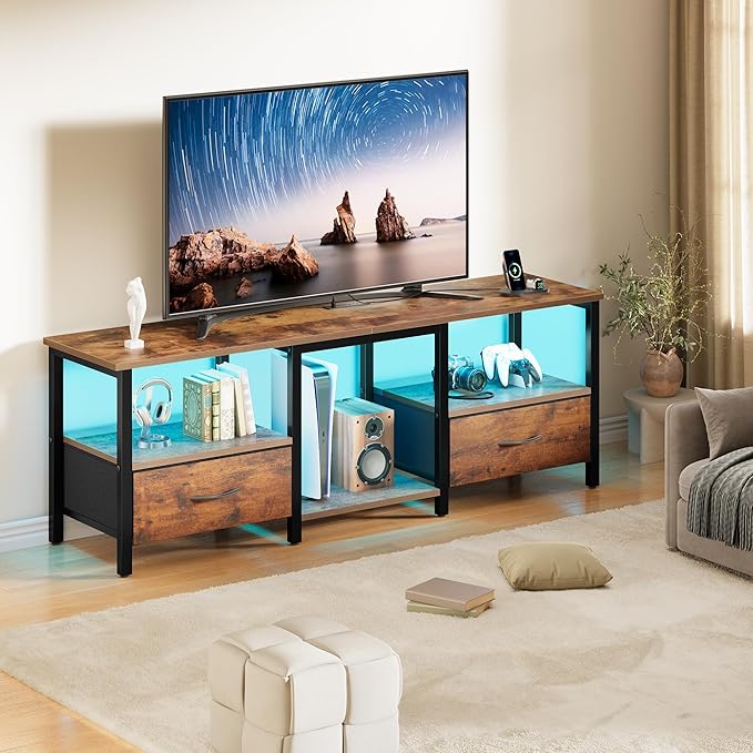 TV Stand for 65 Inch TV, LED Entertainment Center with Fabric Drawers and Power Outlets, Modern Industrial TV Media Console for Living Room, Bedroom Storage Cabinet - 59'' Rustic Brown