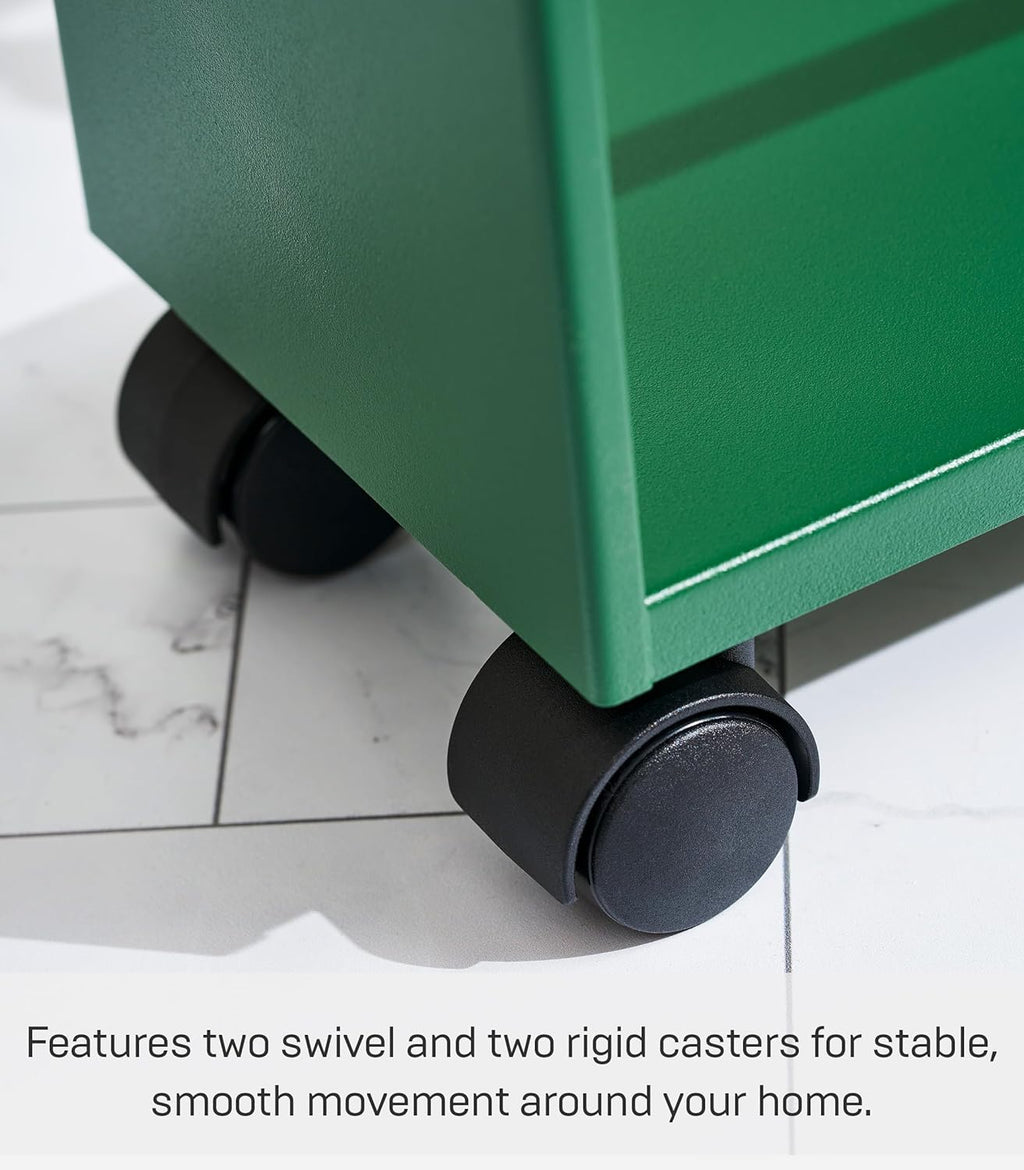 YAMAZAKI Home Slim Rolling Storage Cart – Narrow Kitchen Storage Cabinet with Handle, Slim Storage Cart with Wheels, Easy Assembly, Steel + Wood, Green