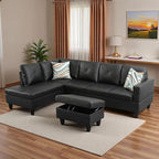 L-Shaped Sectional Sofa with Movable Chaise & Storage Ottoman, Leather 3-Piece Modular Convertible Couches for Living Room, Apartment & Office, Black