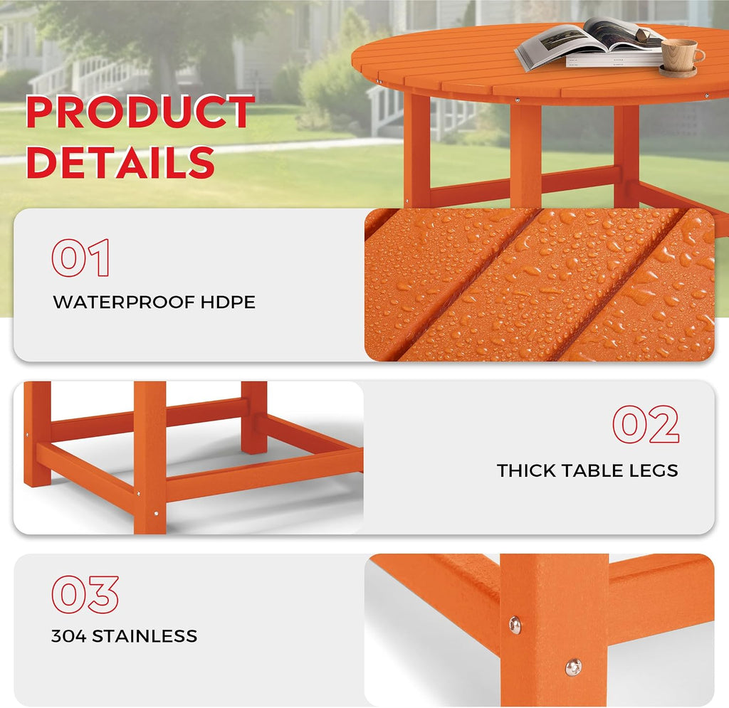 Costaelm Patio Conversation Table, Tatio Accent HDPE Outdoor Weather Resistant, Round Outdoor Porch Balcony Patio Drink Table for Outside, Pool, Backyard, Orange