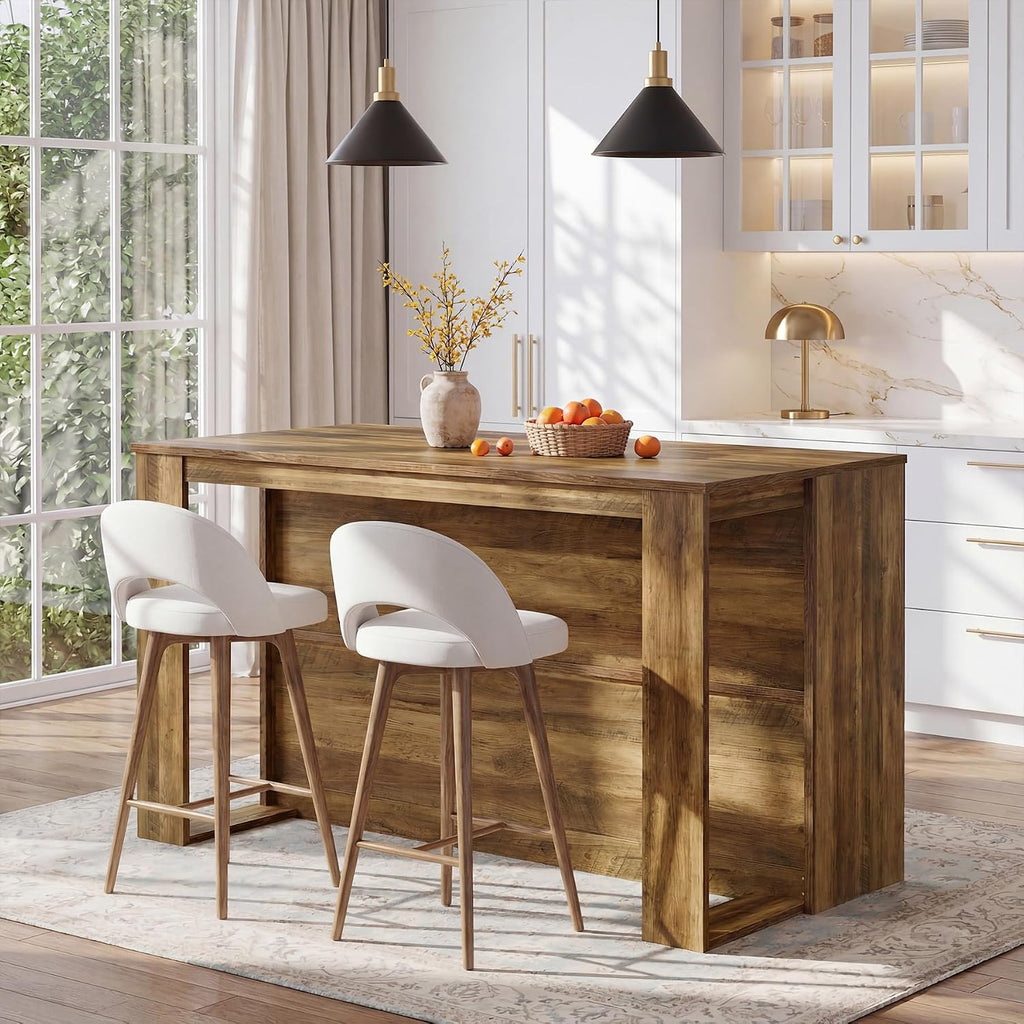Tribesigns Kitchen Island with Storage, 55-in Counter Height Stationary Kitchen Table with 2-Tier Shelves & Large Worktop, Wooden Coffee Bar Table for Dining Room, Rustic Brown