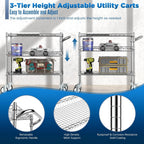 Leteuke 3 Tier Rolling Carts with Wheels, Heavy Duty Rolling Utility Cart,NSF Commercial Grade Metal Cart with Handle&Shelf Liner,Trolley Serving Cart for Kitchen,Restaurant,Plant Display,Chrome